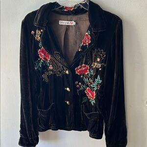 Johnny Was Bohemian Velvet Jacket with Beautiful Floral Embroidery